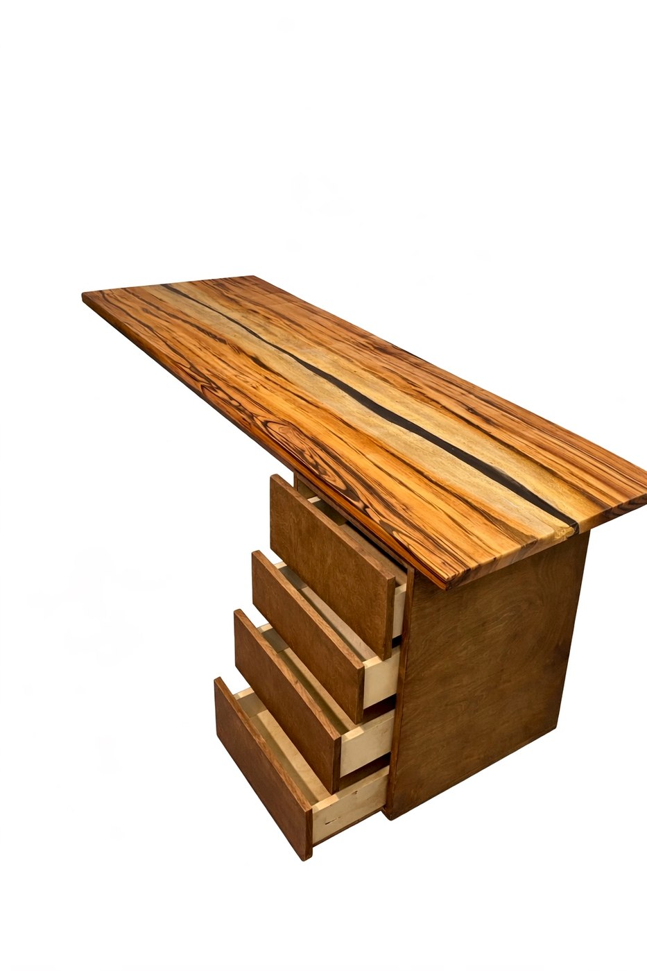 Solid hardwood desk with a figured, light-and-dark striped top and a plywood drawer pedestal with four drawers pulled open.